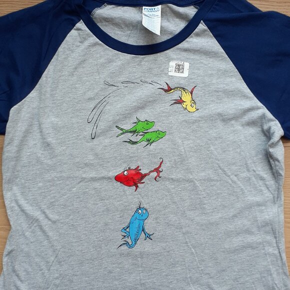 One Fish Two Fish Red Fish Blue Fish - New Navy Blue & Grey Baseball Tee T-Shirt - Picture 3 of 5